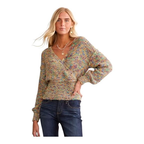Willow & Root Color Pop Gold Metallic Balloon Sleeve Festive Sweater Medium - Picture 1 of 9